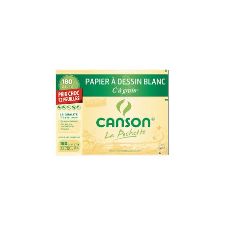 CANSON Pochette de 12 feuilles 24x32cm papier dessin blanc C A GRAIN 180g