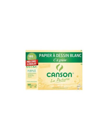 Canson C à Grain 21*29.7 - Pochette papier à dessin - 12 feuilles - A4 - 180G - blanc