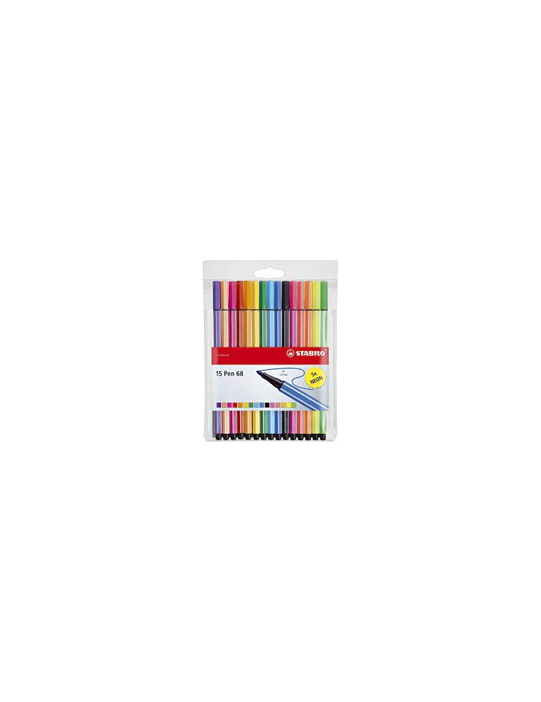 Feutre dessin - STABILO Pen 68 - Pochette x 15 feutres de coloriage pointe moyenne - dont 5 fluo