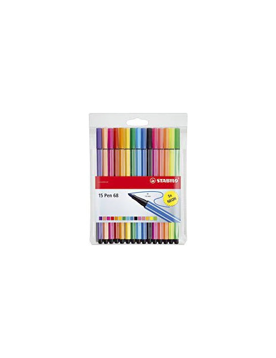 Feutre dessin - STABILO Pen 68 - Pochette x 15 feutres de coloriage pointe moyenne - dont 5 fluo